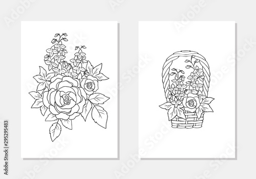 vector delphinium rose flower leaf bouquet in the basket line art coloring page book outline illustration