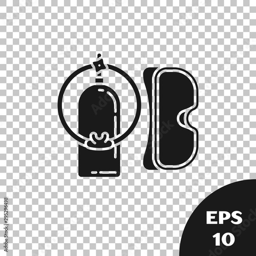 Black Diving mask and aqualung icon isolated on transparent background. Oxygen tank for diver. Extreme sport. Sport equipment. Vector Illustration