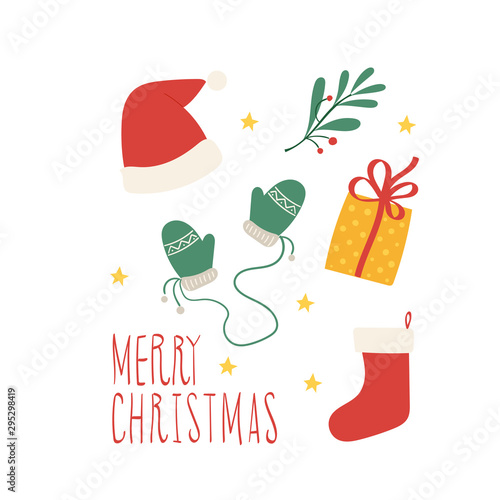 Christmass set of stickers. Santa hat, mitten and socks