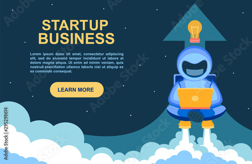 Startup business. Banner for a website with an astronaut working diligently on a laptop. Cosmonaut takes off on a jetpack. A space man comes off the earth in smoke. Vector flat illustration