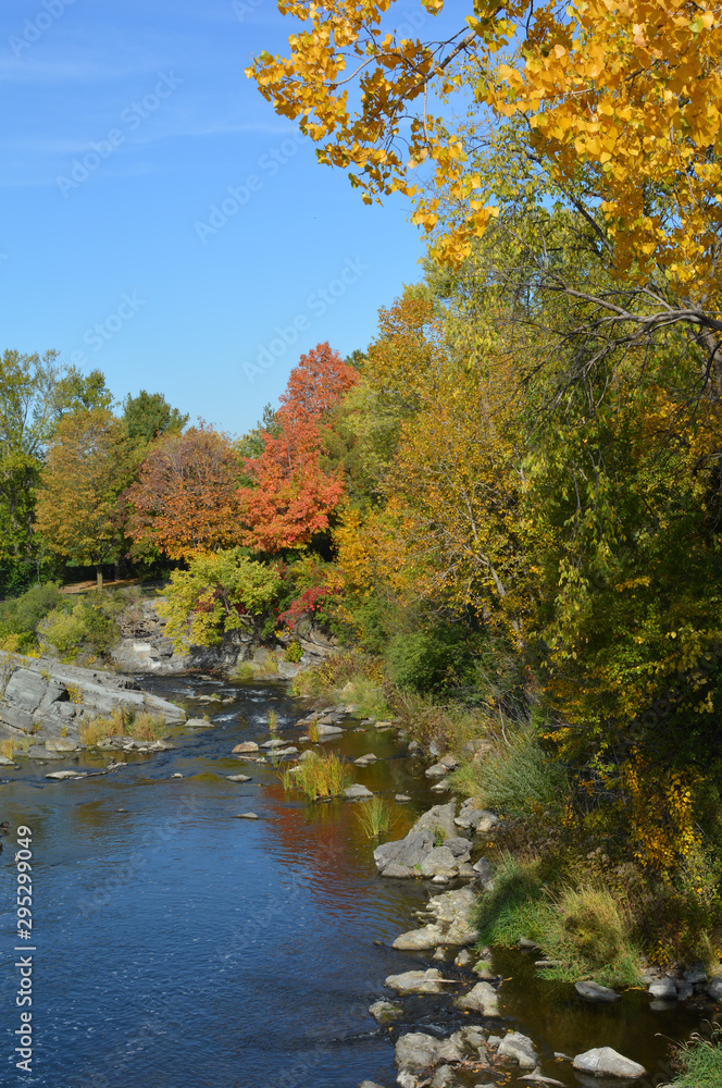 Vibrant orange, yellow, red and green fall colors on trees near waterfall