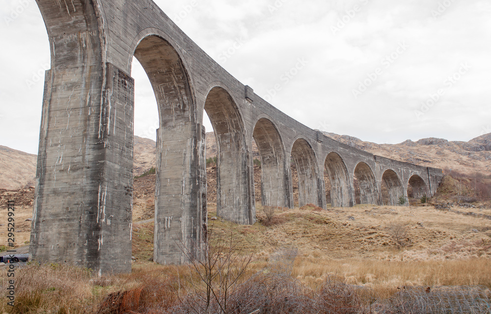 Detail of steam train on famous Glenfinnan viaduct, Scotland highlands