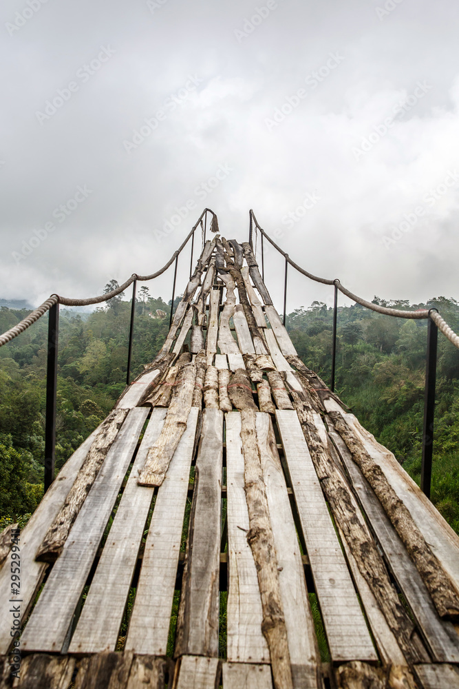 Fototapeta premium A wooden bridge over the jungle that breaks off at the end.