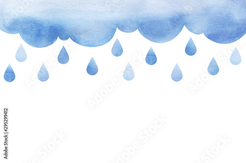 Overcast and rain. Blue rainy clouds. Background cutout cumulus clouds with paper texture. Large raindrops Big lught gradiented blue cloud. Watercolor fill. Page border template. Isolated on white.