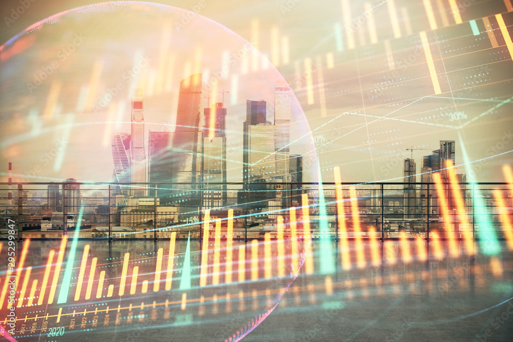 Forex graph with map hologram with city view from roof background. Double exposure. Financial analysis concept. Forex graph with map hologram with city view from roof background. Double exposure. Financial analysis concept.