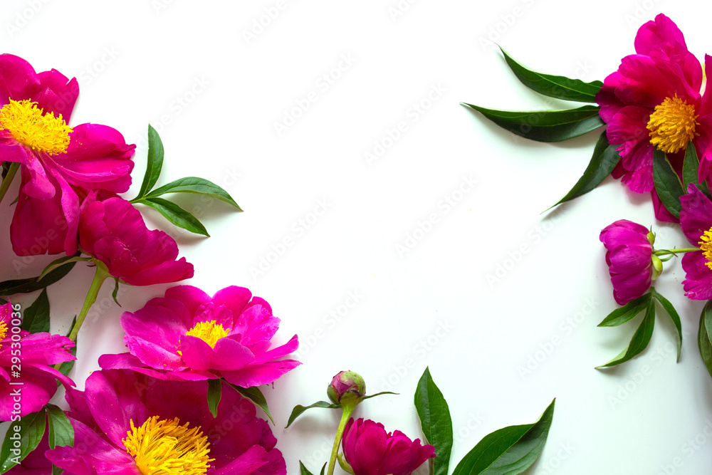 Festive flower composition on the white surface .Wedding invitation or Mother's Day background, empty space surrounded with flowers, top view peony