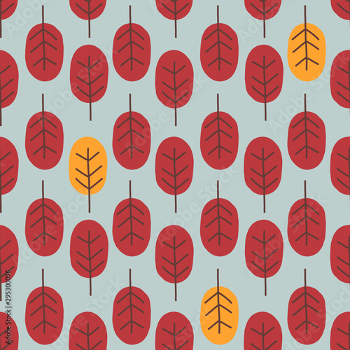 Seamless abstract autumn tree pattern forest woodland with red and yellow leaves illustration in trendy cartoon flat style. Retro style Scandinavian design for fall.