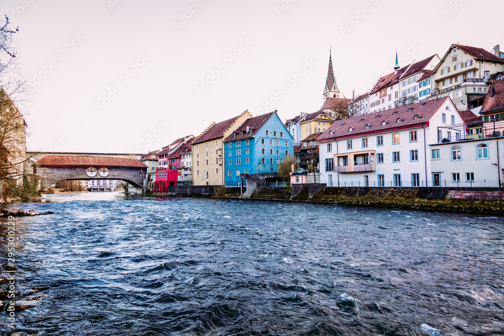 Baden old town building over the Limmat river in Switzerland