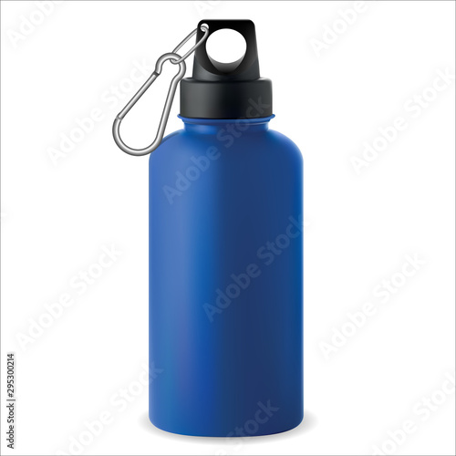 Water bottle. Stainless steel metal thermo flask. Bicycle Sport 3d package. Realistic reusable aluminum tin mockup for camping. Blue packagingwith silver tag. Recycle vessel. Promotion container
