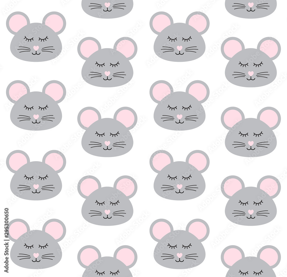Vector seamless pattern of flat cartoon rat mouse face isolated on white background