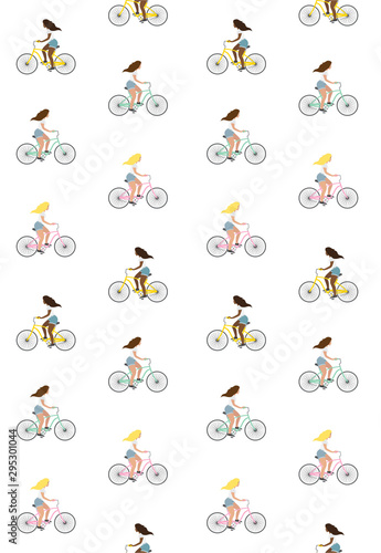 Vector seamless pattern of flat cartoon girl riding a bicycle isolated on white background