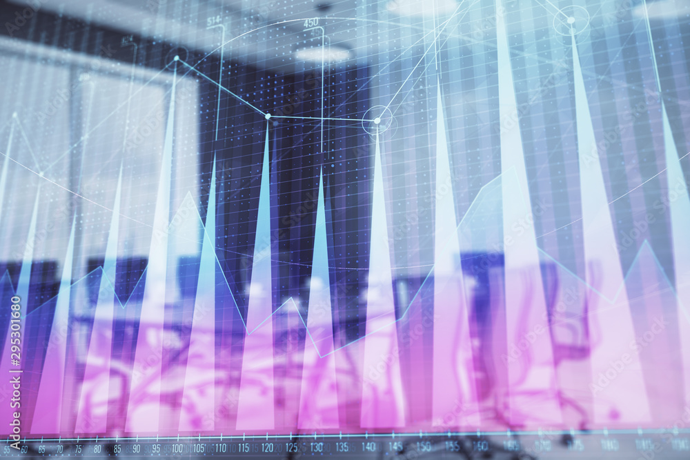Double exposure of forex chart on conference room background. Concept of stock market analysis Double exposure of forex chart on conference room background. Concept of stock market analysis