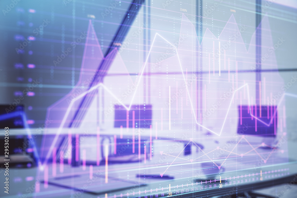 Double exposure of forex chart on conference room background. Concept of stock market analysis Double exposure of forex chart on conference room background. Concept of stock market analysis