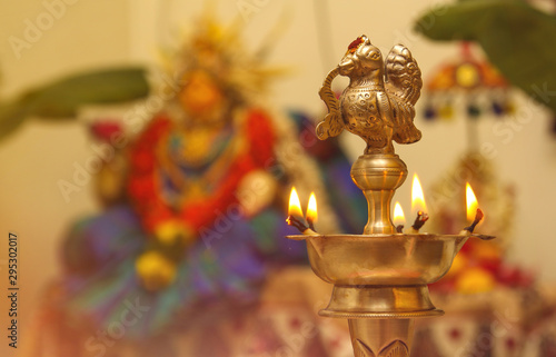Indian Traditional Silver Oil Lamp in Varalakshmi vratam festival photo