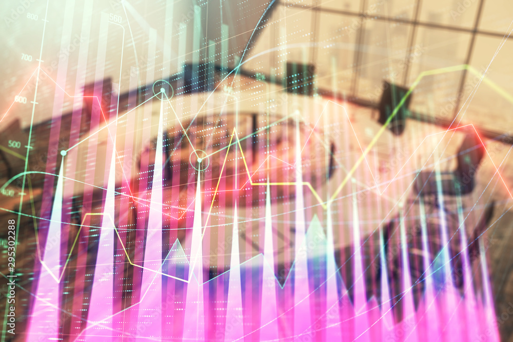 Multi exposure of stock market graph on conference room background. Concept of financial analysis Multi exposure of stock market graph on conference room background. Concept of financial analysis