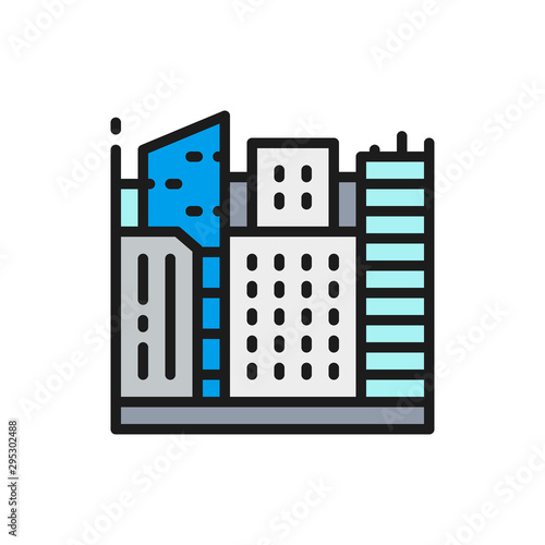 Big city, megapolis landscape flat color line icon.