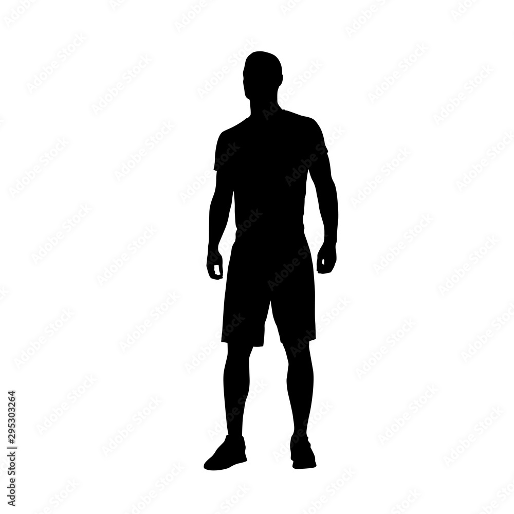 Man standing, isolated vector silhouette. Male athlete in shorts and shirt