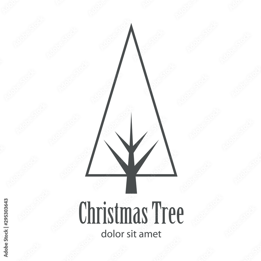 Logotipo con texto Christmas Tree con árbol abstracto lineal triangulo con ramas color gris
