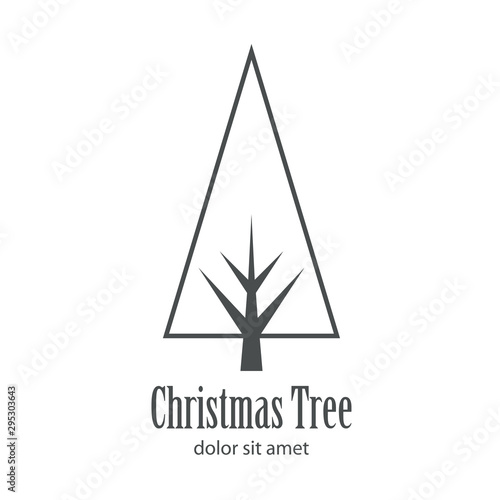 Logotipo con texto Christmas Tree con árbol abstracto lineal triangulo con ramas color gris