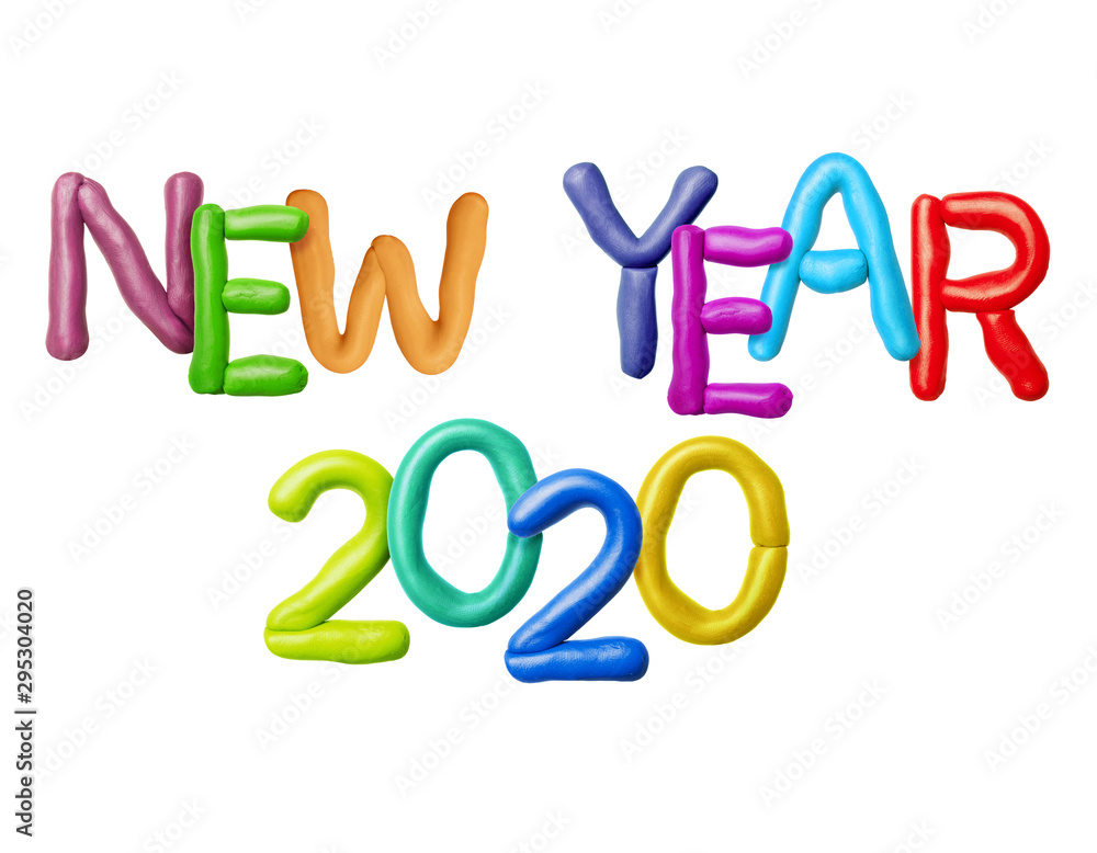 Inscription New Year 2020 made of colored plasticine letters on white background