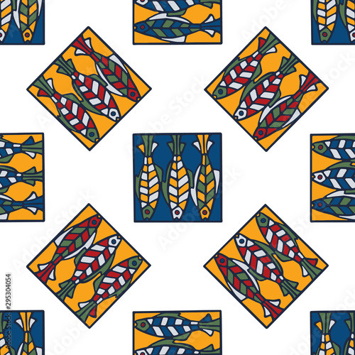 Sardines Fish Seamless Vector Pattern.   Grilled Fishes BBQ Motif for Lisbon St Antonio Portugese Food Festival. Graphic for Traditional Grilled Recipe, Portugal Canned Seafood, Animal Fishing Poster