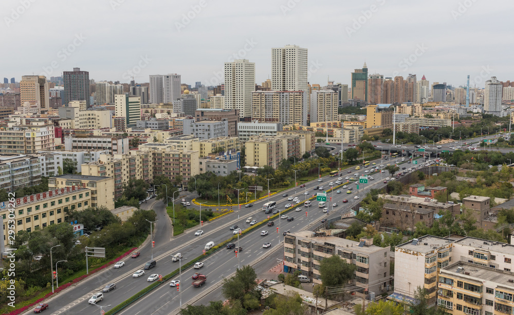 Naklejka premium Urumqi, China - capital of the Xinjiang Uygur Autonomous Region, Urumqi displays several wonderful landmarks. Here in particular the city's skyline