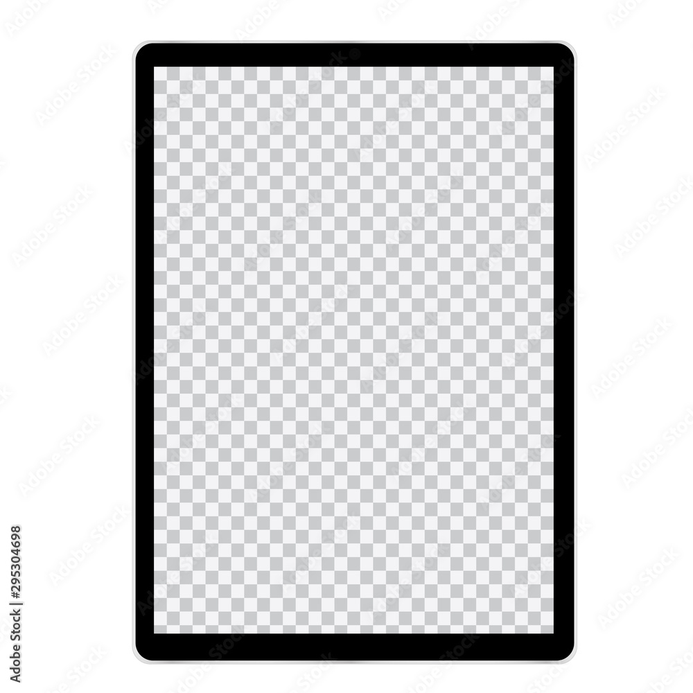 Illustration of tablet or mobile phone with blank screen and black frame. With space for text, vector