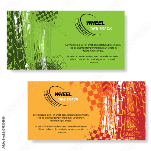 Two color grunge tire track banners with sample text isolated on white background