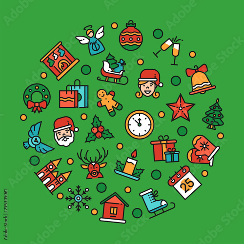 Christmas symbols in circle shape linear vector illustration