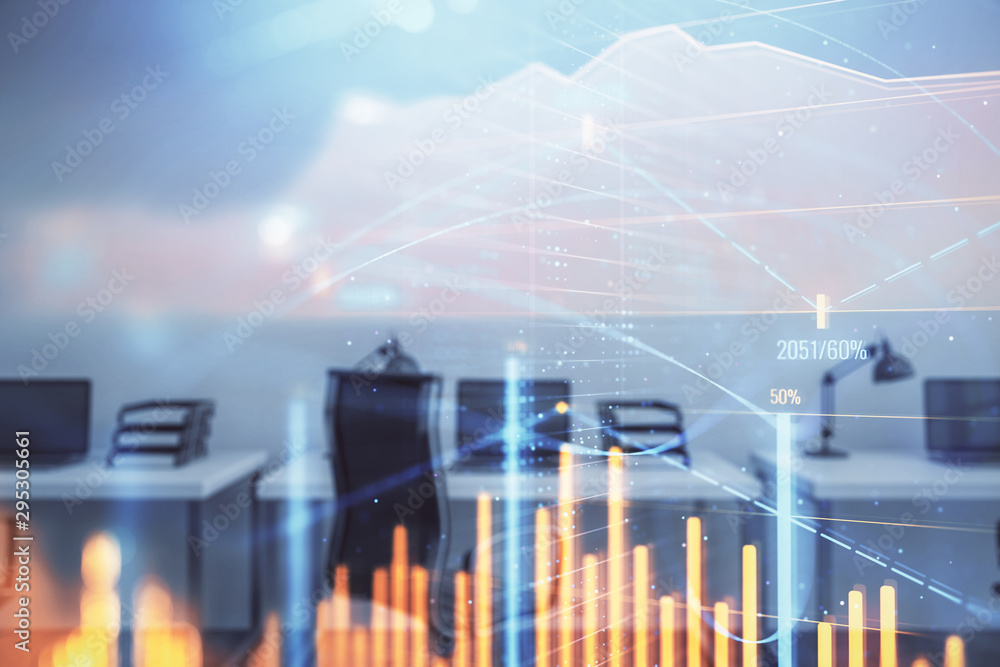 Fototapeta premium Stock and bond market graph with trading desk bank office interior on background. Multi exposure. Concept of financial analysis