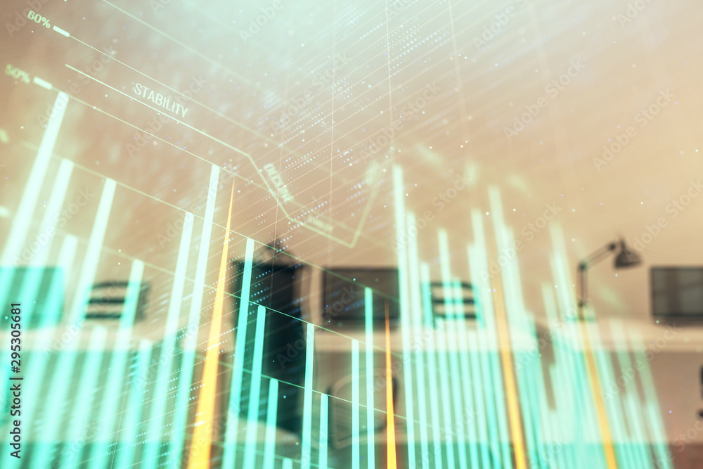 Stock and bond market graph with trading desk bank office interior on background. Multi exposure. Concept of financial analysis Stock and bond market graph with trading desk bank office interior on background. Multi exposure. Concept of financial analysis