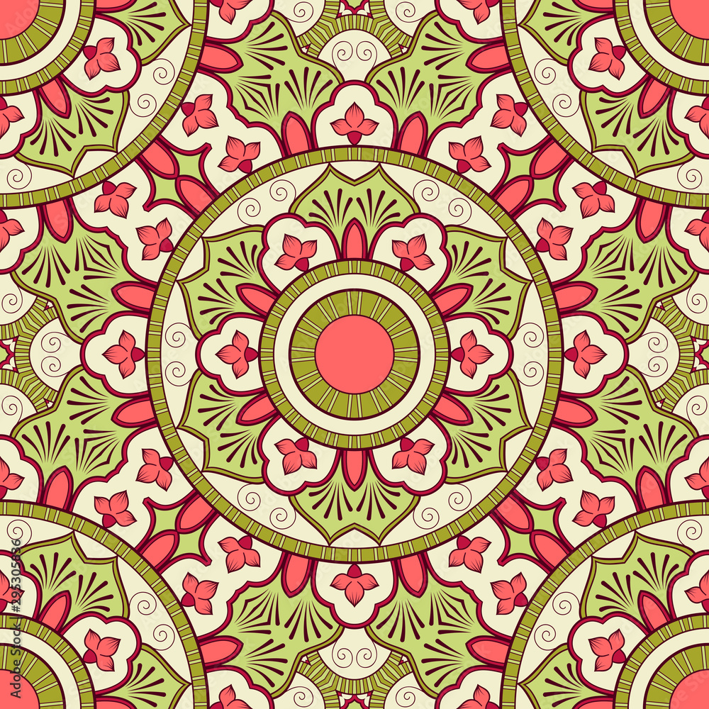 Fototapeta premium Decorative colorful ethnic seamless pattern for fabric or wrapping in oriental style. Hand drawn illustration