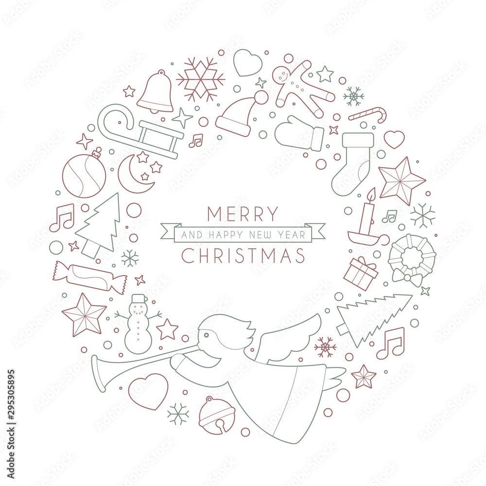 Background with Christmas wreath consisting of christmas symbols. With the text Merry Christmas and a Happy New Year. Isolated
