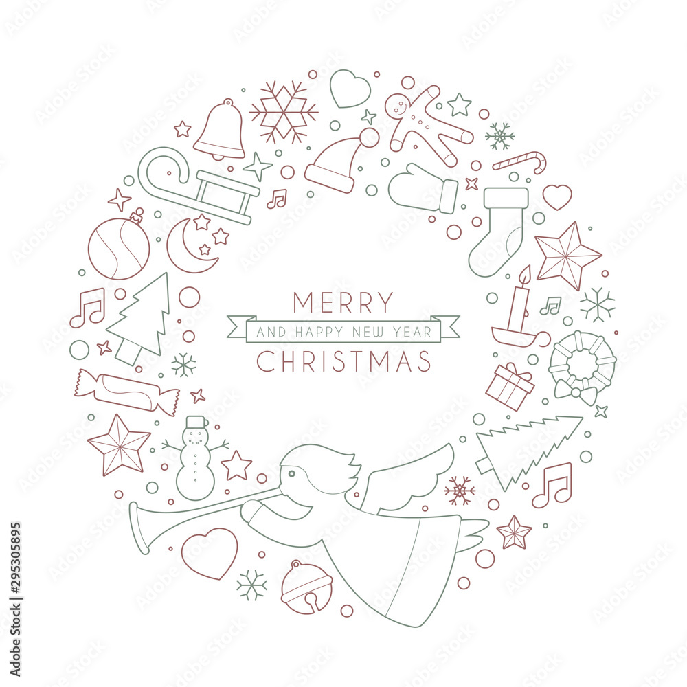 Background with Christmas wreath consisting of christmas symbols. With the text Merry Christmas and a Happy New Year. Isolated Background with Christmas wreath consisting of christmas symbols. With the text Merry Christmas and a Happy New Year. Isolated
