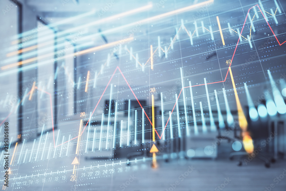 Stock and bond market graph with trading desk bank office interior on background. Multi exposure. Concept of financial analysis Stock and bond market graph with trading desk bank office interior on background. Multi exposure. Concept of financial analysis