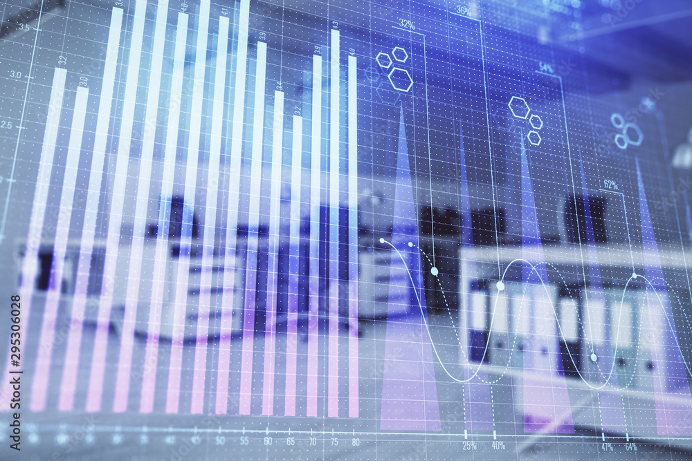 Stock market chart with trading desk bank office interior on background. Double exposure. Concept of financial analysis Stock market chart with trading desk bank office interior on background. Double exposure. Concept of financial analysis