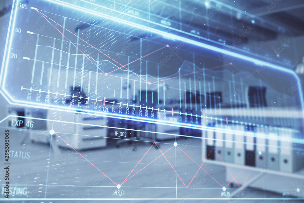 Business theme drawing with office interior background. Double exposure. Concept of success. Business theme drawing with office interior background. Double exposure. Concept of success.