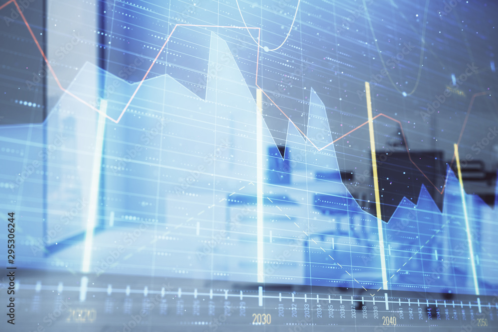 Stock market chart with trading desk bank office interior on background. Double exposure. Concept of financial analysis Stock market chart with trading desk bank office interior on background. Double exposure. Concept of financial analysis