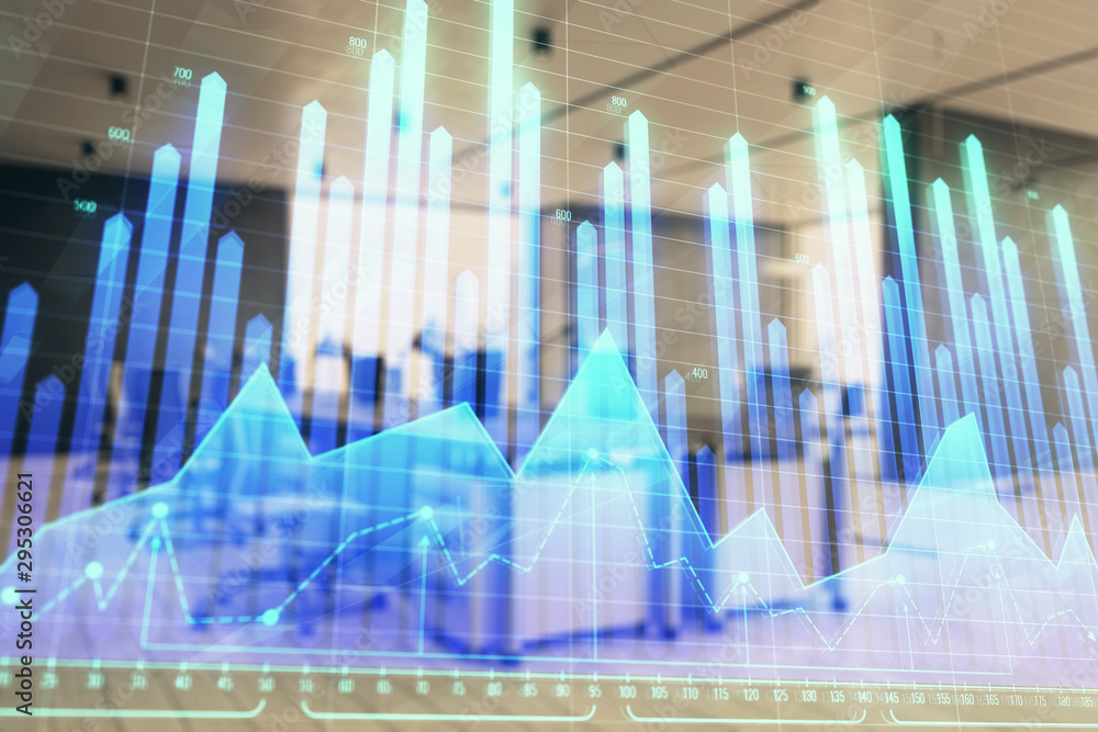 Stock market chart with trading desk bank office interior on background. Double exposure. Concept of financial analysis Stock market chart with trading desk bank office interior on background. Double exposure. Concept of financial analysis