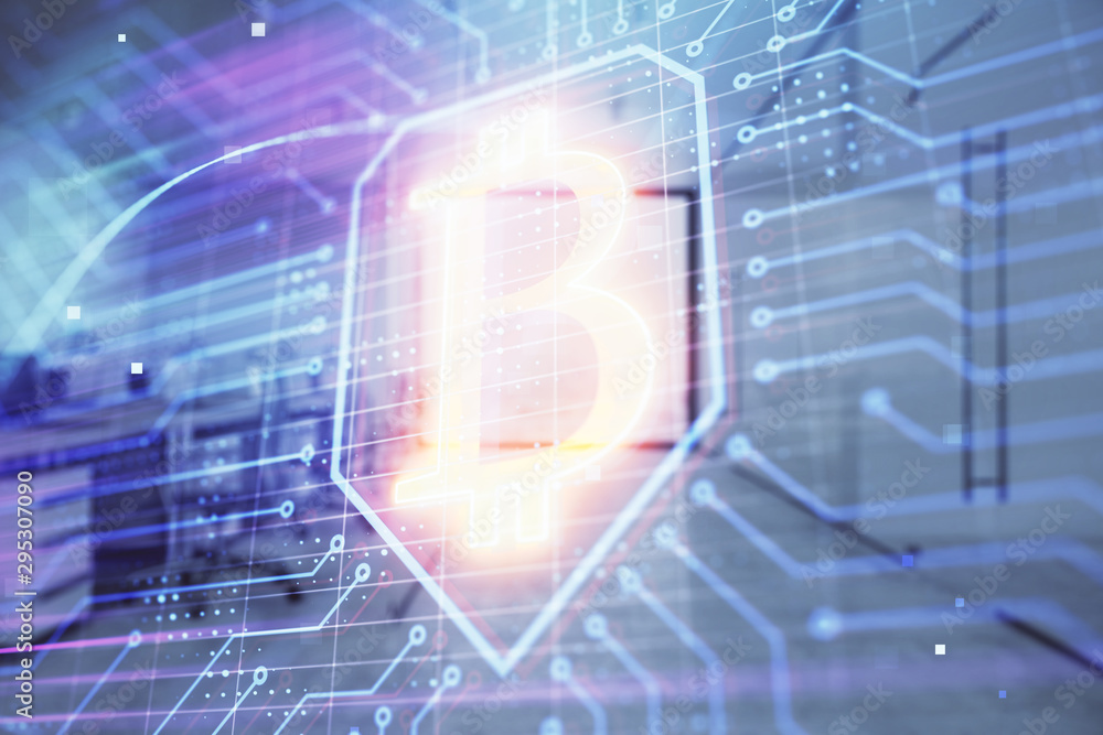 Cryptocurrency theme drawing with office interior background. Double exposure. Concept of blockchain. Cryptocurrency theme drawing with office interior background. Double exposure. Concept of blockchain.