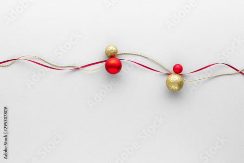Christmas composition. Bauble ribbon rope top view background with copy space for your text. Flat lay.