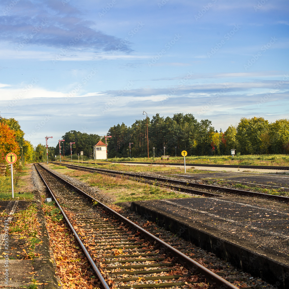 Fototapeta premium View of empty railroad tracks early in the morning.