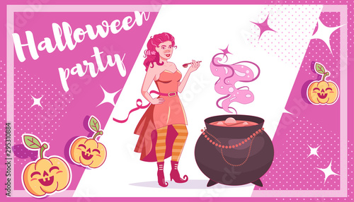 Flyer, poster, invitation card for Halloween Witch Vector. Cartoon. Isolated art on white background.