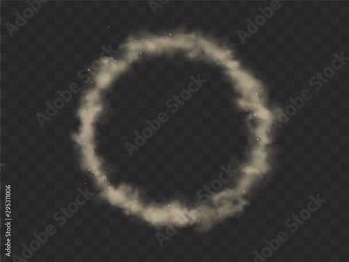 Smoke circle, round smog cloud, brown heavy dust steam with motes, sand and soil particles isolated on transparent background. Cigarette vapor design element Realistic 3d vector illustration, clip art