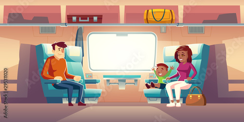 People in train, passengers travel by railway car, mother and son sitting on seats at large window in front of man, bags lying in luggage storage above. Commuter transport. Cartoon vector illustration
