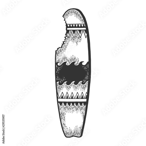 Surfboard bitten by shark sketch engraving vector illustration. T-shirt apparel print design. Scratch board style imitation. Black and white hand drawn image.