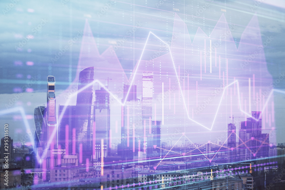 Multi exposure of financial chart on Moscow city downtown background. Concept of stock market analysis Multi exposure of financial chart on Moscow city downtown background. Concept of stock market analysis