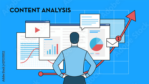 Business analytics, data analysis and research, strategy statistic and planning, marketing, study of performance indicators. Illustration line design of vector doodles, infographics elements.