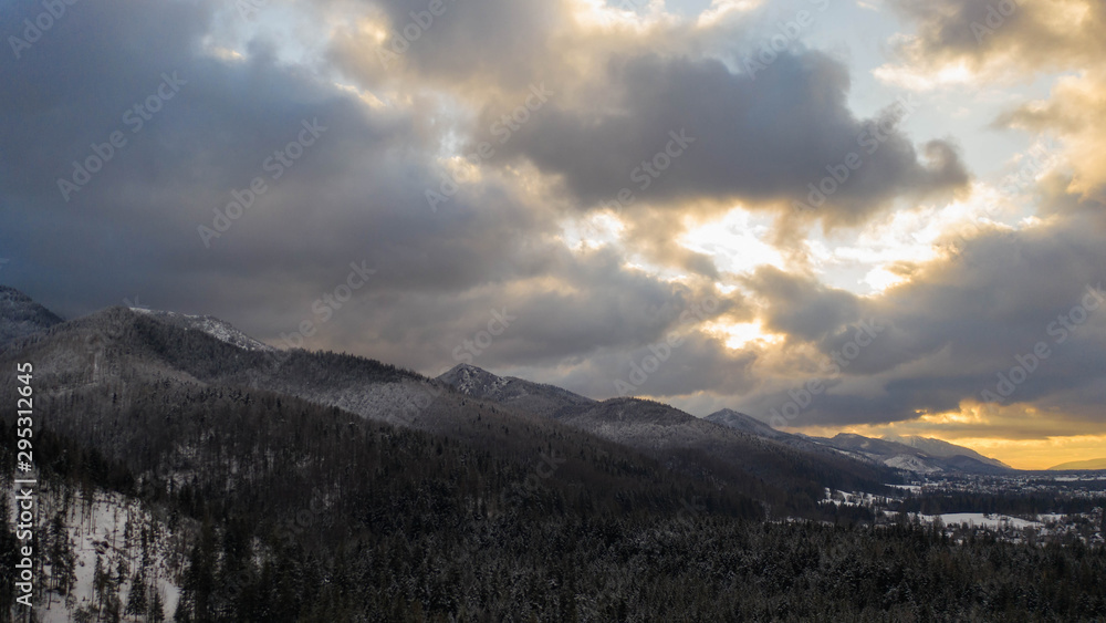 Polish Tatra Mountains in winter and snowy scenery.