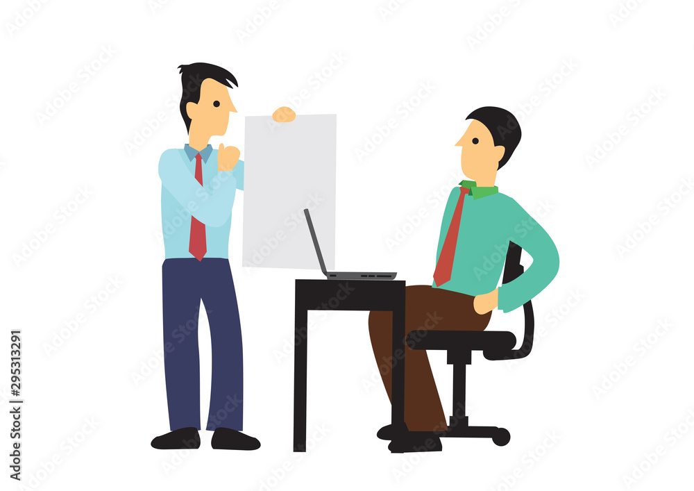 Conversation between a businessman with his boss. Concept of teamwork, leadership or collaboration. Conversation between a businessman with his boss. Concept of teamwork, leadership or collaboration.